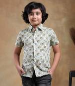 Bachpan mehendi green paisley cotton hand block shirt