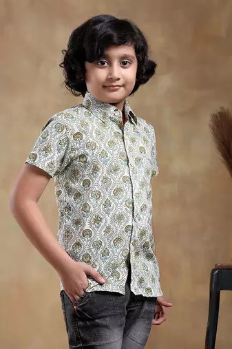 Bachpan mehendi green paisley cotton hand block shirt