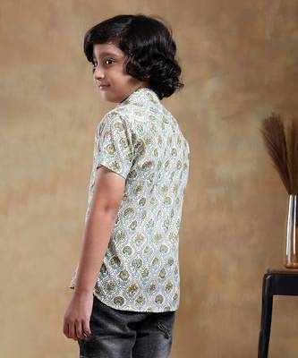 Bachpan mehendi green paisley cotton hand block shirt 4