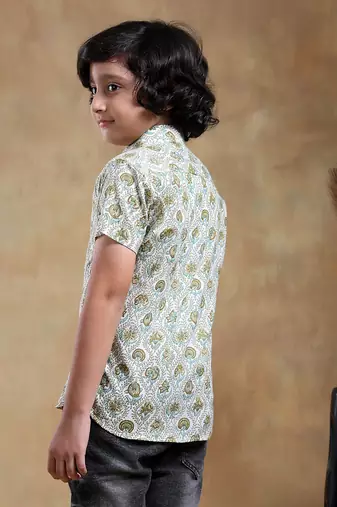 Bachpan mehendi green paisley cotton hand block shirt