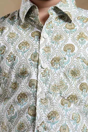 Bachpan mehendi green paisley cotton hand block shirt