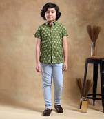 Bachpan mehendi green cotton hand block shirt
