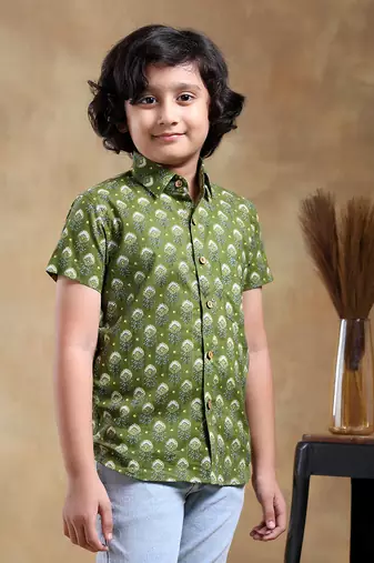 Bachpan mehendi green cotton hand block shirt