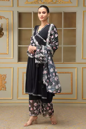 Saadgi pink lotus black straight suit set