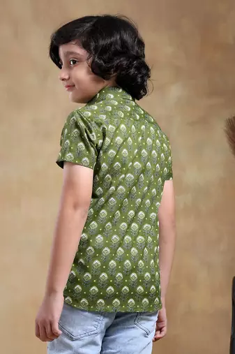 Bachpan mehendi green cotton hand block shirt