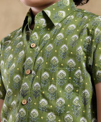 Bachpan mehendi green cotton hand block shirt 4