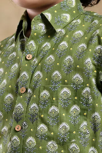 Bachpan mehendi green cotton hand block shirt