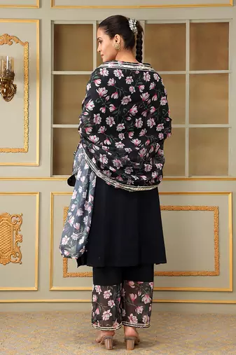 Saadgi pink lotus black straight suit set