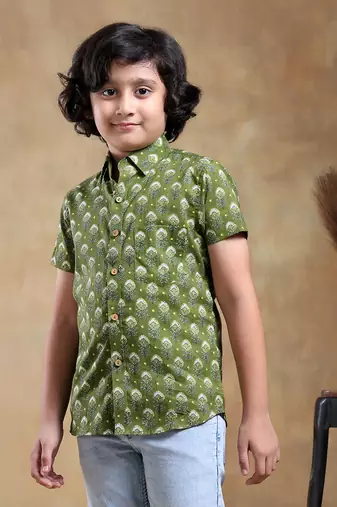Bachpan mehendi green cotton hand block shirt