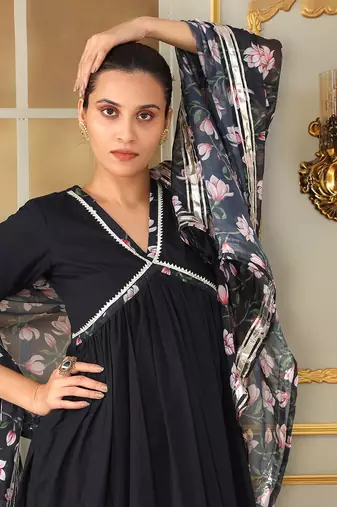 Saadgi pink lotus black straight suit set