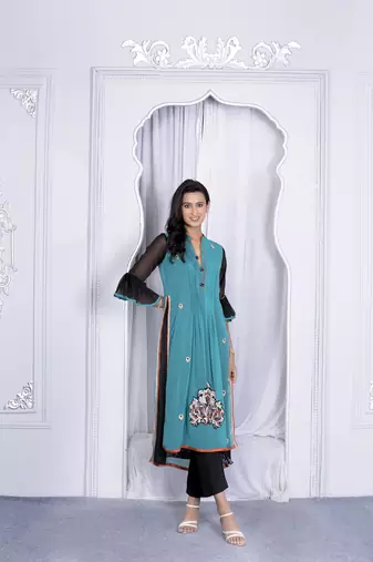 Nikhaar green embroidered georgette straight cut kurta &