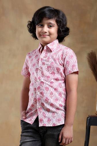 Bachpan gulabi phool cotton hand block shirt