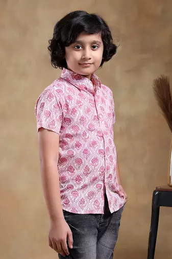 Bachpan gulabi phool cotton hand block shirt