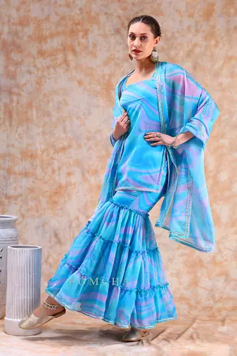 Dil kash blue marbel print sharara set