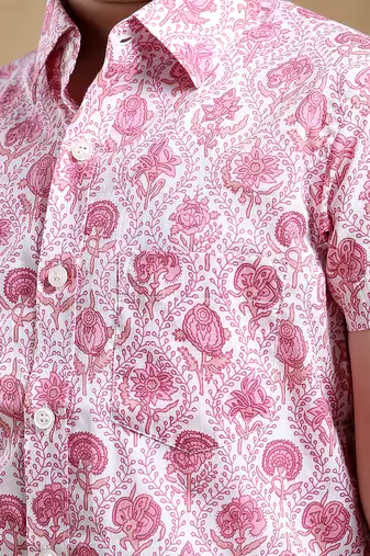 Bachpan gulabi phool cotton hand block shirt