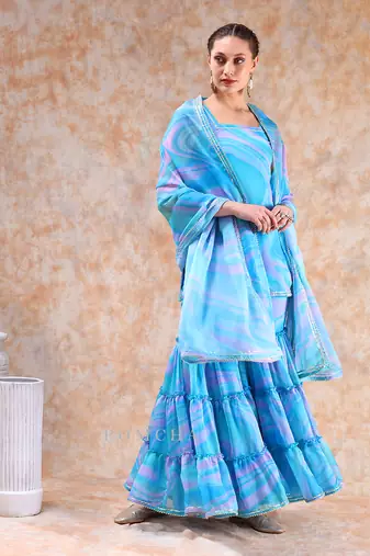 Dil kash blue marbel print sharara set