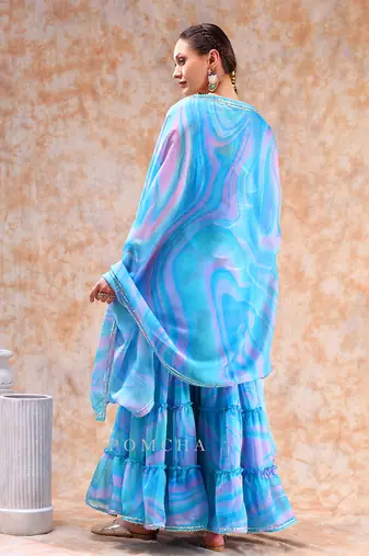 Dil kash blue marbel print sharara set