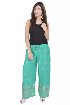 Rama Green Jaipuri Gold Print Cotton Palazzo