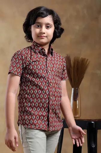 Bachpan dahleez maroon cotton hand block shirt