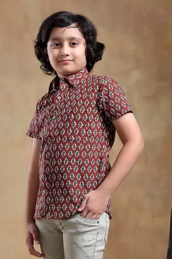 Bachpan dahleez maroon cotton hand block shirt