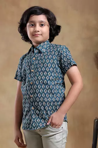 Bachpan dahleez blue cotton hand block shirt