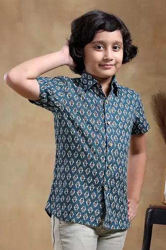 Bachpan dahleez blue cotton hand block shirt