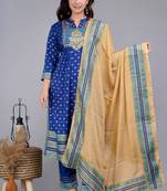 Blue handwork embroidered kurta and pant set with dupatta