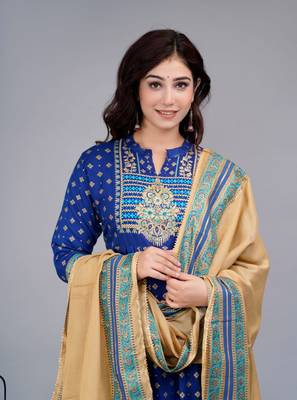 Blue handwork embroidered kurta and pant set with dupatta 3