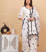 White embroidered cotton suit set with embroidered organza dupatta