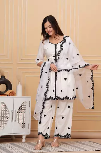 White embroidered cotton suit set with embroidered organza dupatta