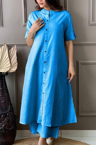 Sky blue katha cotton kurta and palazzo set