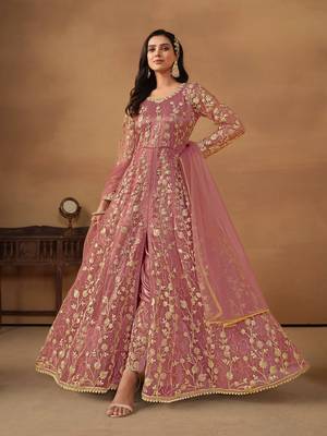 Pink embroidered net anarkali suit 1