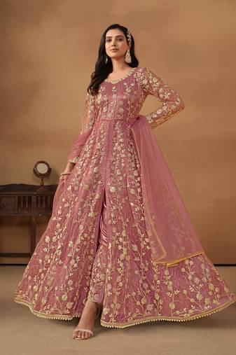 Pink embroidered net semi stitched anarkali suit