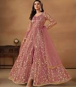Pink embroidered net semi stitched anarkali suit