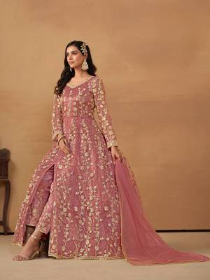 Pink embroidered net anarkali suit 2