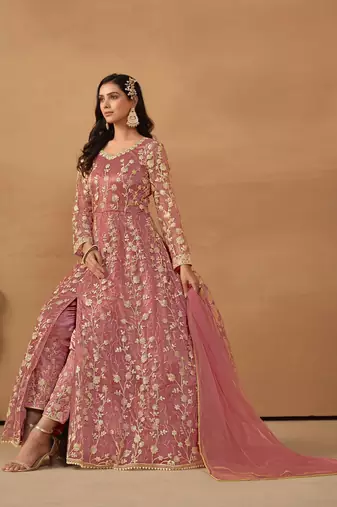 Pink embroidered net anarkali suit