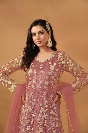 Pink embroidered net anarkali suit