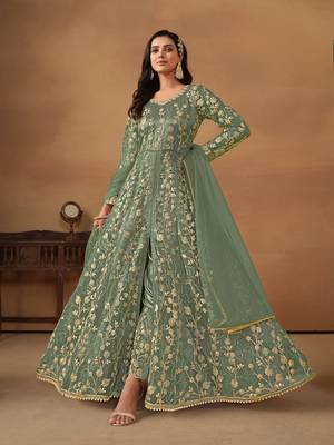 Green embroidered net anarkali suit 1