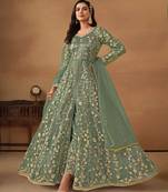 Green embroidered net semi stitched anarkali suit