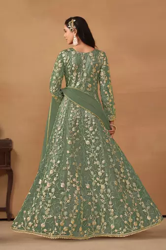 Green embroidered net anarkali suit