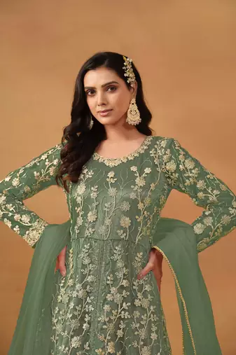 Green embroidered net anarkali suit