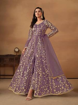 Purple embroidered net anarkali suit 1