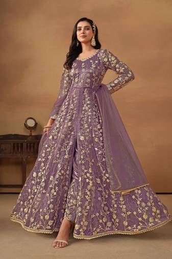 Purple embroidered net semi stitched anarkali suit