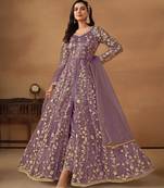 Purple embroidered net semi stitched anarkali suit