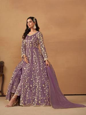 Purple embroidered net anarkali suit 2