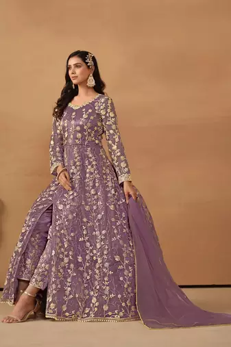 Purple embroidered net anarkali suit