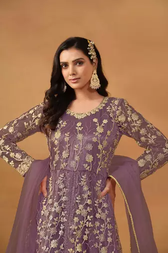 Purple embroidered net anarkali suit
