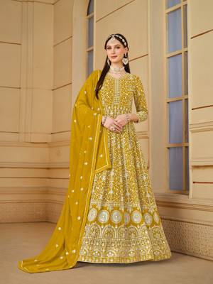 Yellow embroidered faux georgette anarkali suit 1