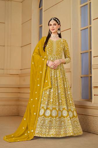 Yellow embroidered faux georgette semi stitched anarkali suit