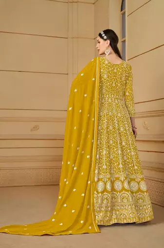 Yellow embroidered faux georgette anarkali suit